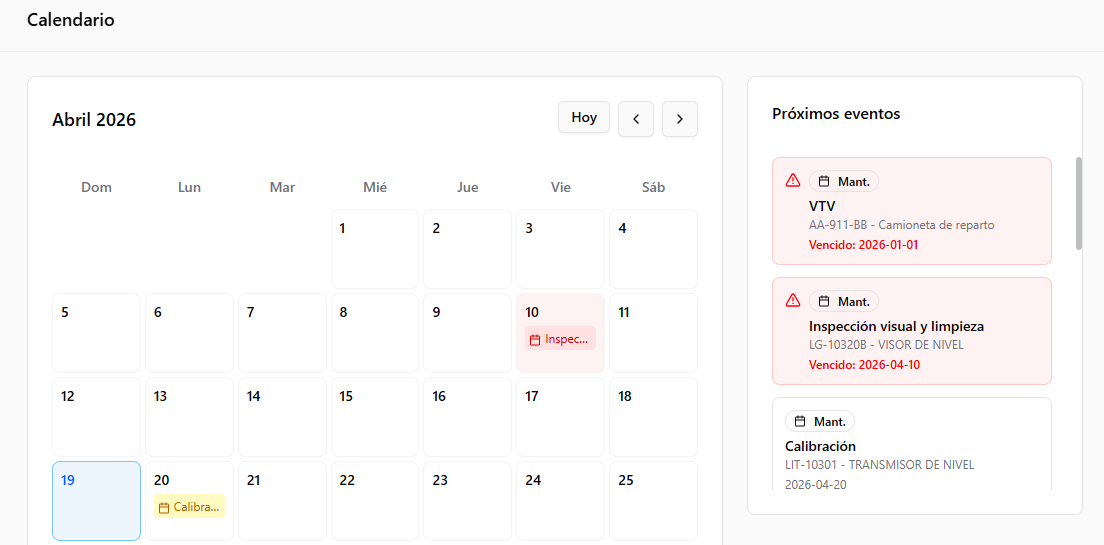 Calendario de mantenimiento